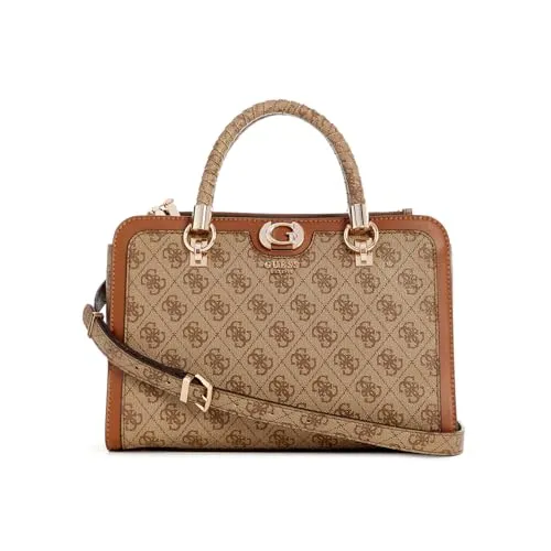 GUESS Orlina Logo Society Satchel Latte Logo/Brown - Damen-Henkeltaschen mit ikonischem Logo-Muster und goldfarbenen Details. Hochwertiges Material und geräumiges Hauptfach vereinen Stil und Funktionalität.