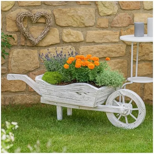 HTI-Living Gartenfigur Holzschubkarre Weiß Rustikal Sommerset - Figuren - Rustikale Dekoschubkarre aus Fichtenholz, ideal als Blickfang im Garten oder auf der Terrasse, witterungsbeständig für geschützte Bereiche.