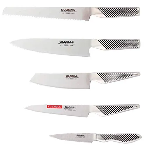 GLOBAL Messer-Set Yoshikin G-2951138R - 5-teiliges Spar-Set - Hochwertiges 5-teiliges Messerset aus Japan, mit Griffschalen aus Edelstahl und Rockwell-Härte von 58±1 HRC, ideal für präzises Schneiden.
