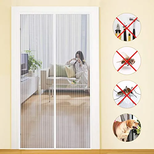 MYCARBON Fliegengitter Balkontür, Stärkere Magnet Insektenschutz Tür 140x240cm, Für Kellertür, Terrassentür, Wohnzimmer, Ohne Bohren, Einfache Montage, Nicht Kürzbar, Weiß