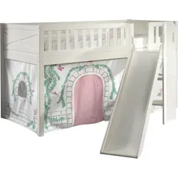 Karyl Kinderbett mit Rutsche aus Massivholz in Weiß - Halbhohes Kinderbett mit Rutsche und Textilset im Design 'Birdy'. Ideal für verspielte Nächte, bietet es eine stabile Konstruktion und sicheren Absturzschutz. Perfekt für Kinderzimmer!