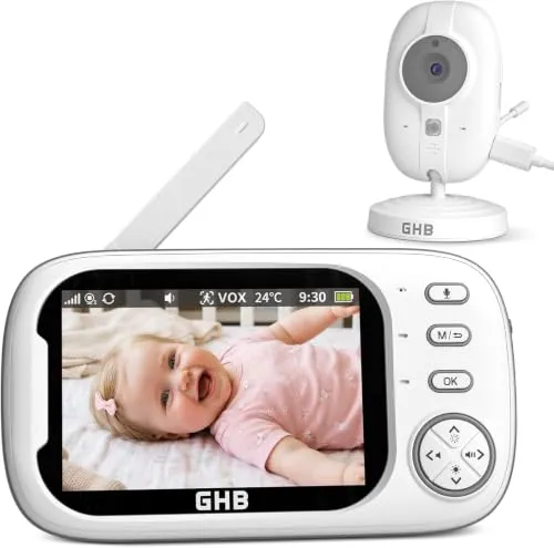 GHB Babyphone mit Kamera 3,5 Zoll Video Monitor - HD-Nachtsicht und 2-Wege-Audio: Überwachen Sie Ihr Baby auch im Dunkeln. Mit ECO-Modus und bis zu 12 Stunden Akkulaufzeit im VOX-Modus für energiesparende Nutzung.