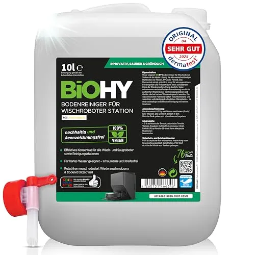 BiOHY Bodenreiniger für Wischroboter Station mit Frischeduft (10 Liter Kanister) + Auslaufhahn | Reinigungsmittel Konzentrat für alle Wisch & Saugroboter mit Nass-Funktion | Schaumarm & Streifenfrei