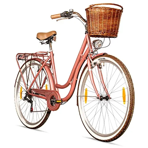 Bergsteiger Marseille Damenfahrrad 26 Zoll - Damen-Citybike im Retro-Design mit 6 Gang Shimano Tourney Schaltung, Rattan Korb und dynamobetriebenem Licht – ideal für stilvolles Fahren ab 150 cm Körpergröße.