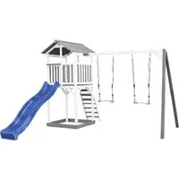 AXI Beach Tower Spielturm aus Holz in Weiß & Grau - Klettergerüst mit Doppelschaukel, großer Rutsche und Sandkasten – perfekt für stundenlangen Spielspaß im Garten! Hergestellt aus nachhaltigem Hemlockholz, witterungsbeständig und wartungsfrei.