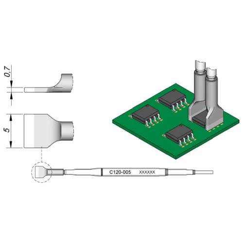 Lötspitze klingenförmig 5 x 0,7 mm, C120005 - Lötzubehör für PA120 Mikro-Pinzetten, ideal zum präzisen Löten und Entlöten von Chip-Komponenten und Dual-in-Line.
