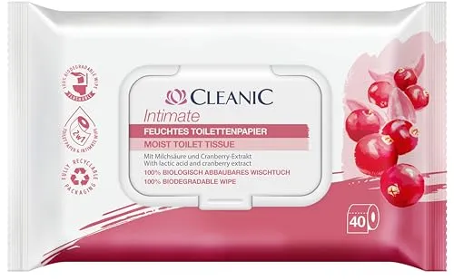 Cleanic Intimate Feucht-Toilettenpapier – (1x40 Stück) Feuchtes Toilettenpapier – Cranberry-Extrakt, Präbiotikum, spülbar – 40 Stück