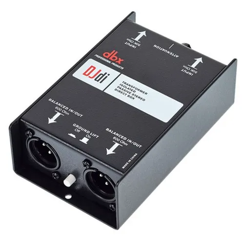 DBX DJDI 2-Kanal DI-Box - Universalständer mit Ground-Lift-Funktion und einstellbarer Lautstärke, ideal für professionelle Audioübertragungen.
