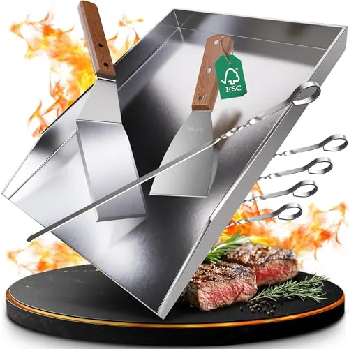 valuents® Grillplatte - Plancha Grill Platte aus dickem & rostfreiem Edelstahl – 40 x 30 cm – für BBQ Gasgrill & Kohlegrill geeignet +PLUS: Bürste & Grillspachtel