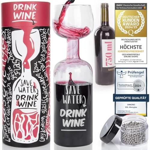 Dimono® XXL Weinglas das ultimative Weinflaschen Glas Rotweinglas Weißweinglas 750 ml mit Reinigungskugeln und Geschenkverpackung (Rotweinglas 750 ml mit Reinigungsperlen)