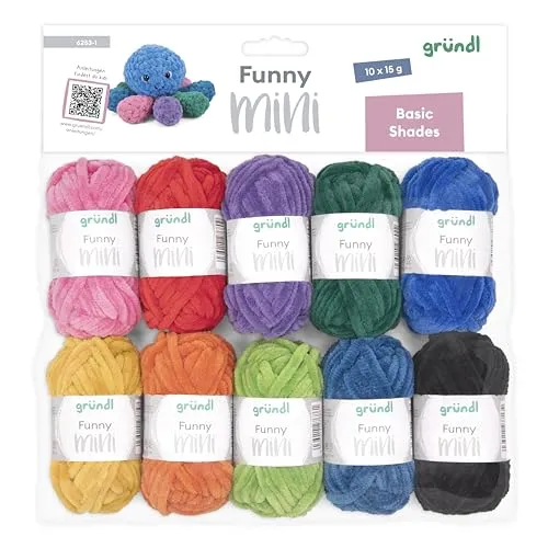 Gründl Häkelgarn 6253-1 Funny Mini Basic Shades – 10 Knäuel, 100% Polyester - Vielseitiges Häkelgarn in bunten Farben, perfekt für kreative Amigurumi-Projekte. Seidig glänzend und super flauschig, ideal für Stricken und Häkeln. Waschbar bis 30°C, zertifiziert nach OEKO-TEX Standard 100.