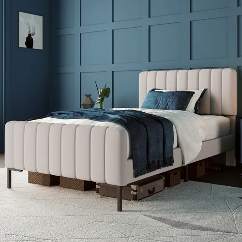 Flieks Polsterbett 90x200cm - Stilvolles Einzelbett mit verstellbarem Kopfteil - Betten: Hochwertiges Polsterbett in Beige/Grau, ideal für modernes Interieur. Verstellbares Kopfteil für optimalen Komfort und Lattenrost aus Kiefernholz für ruhigen Schlaf.