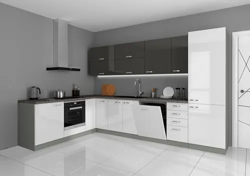Küche Bianca Ecke V 210x330 Hochglanz Weiss + Grau - Küchenzeile mit viel Stauraum, modernes Design in Hochglanz Weiss und Grau, ideal für Ihr modernes Zuhause.
