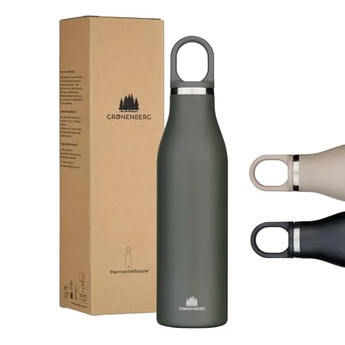 Groenenberg Edelstahl Trinkflasche 500ml/750ml | 100% Auslaufsicher - Die ideale Isolierflasche für Sport und Alltag: 100% auslaufsicher, doppelwandige Vakuumisolierung hält Getränke bis zu 8h heiß und 12h kalt. Praktischer Drehverschluss für hohen Trinkkomfort.