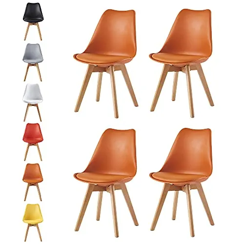 mcc direct Esszimmerstühle 4er Set Eva (Orange) - Stylische Retro-Stühle für Küche und Esszimmer mit bequemer Polsterung. Elegante Holzbeine und Filzgleiter schützen den Boden. Ideal für stundenlangen Komfort und gewerbliche Nutzung.