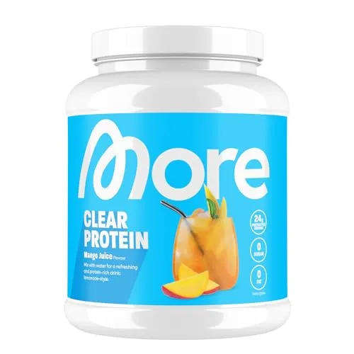 MORE Clear Protein Mango Juice 600 g - Fruchtiger Protein Drink mit Whey Isolat - Molkenproteine: Hochwertiger Protein Drink mit 24 g Eiweiß pro Portion, nahezu ohne Fett, Laktose und Zucker - fruchtig lecker und in Deutschland hergestellt.