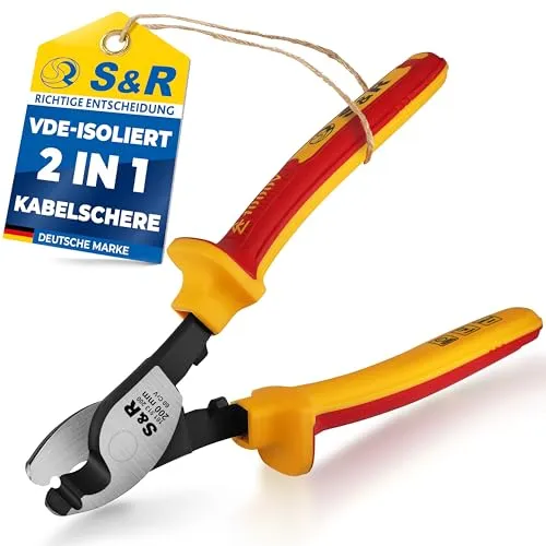 S&R Kabelschere VDE 1000V – 200mm Kombi-Zange - Die S&R Kabelschere VDE ist ideal für Elektriker, geprüft für sicheres Arbeiten an spannungsführenden Leitungen. Robuster 70C-Stahl mit HRC-66 Härte sorgt für Langlebigkeit und präzises Schneiden bis 25 mm.