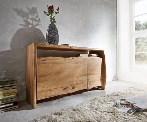 DELIFE Kommode Live-Edge Akazie Natur 145 cm - Edles Sideboard aus Akazienholz mit einzigartiger Maserung, 3 Türen und 1 offenes Fach für optimalen Stauraum - ideal für stilvolle Wohnräume.