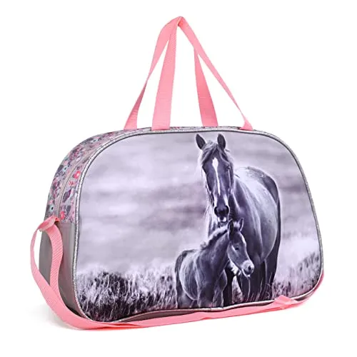 Ragusa-Trade Mädchen Kinder Sporttasche Reisetasche mit tollem Pferde Motiv (KO20) für Mädchen, rose/grau, 40 x 25 x 13 cm