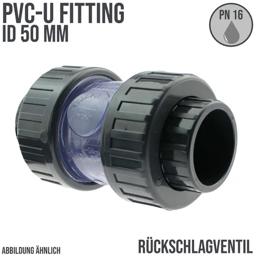 PVC Rückschlagventil Klebe Fitting DN 50 mm - Fittings für Industrie und Landwirtschaft, chlorbeständig und korrosionsfrei, ideal für verschiedene Anwendungen wie Bewässerung und Aquarien.