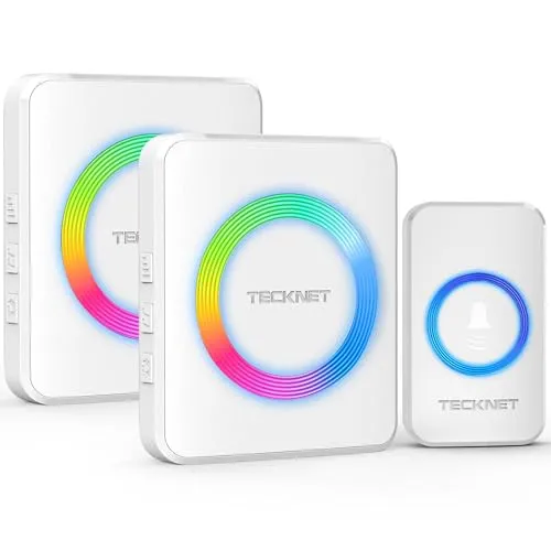 TECKNET Funkklingel, Kabellose Türklingel Funk Set 400m Reichweite, IP65 Aussen Wasserdicht Haustür Klingel mit 2 Plug-In-Empfänger und 1 Sender, Ring doorbell und Klingelknopf Mit LED-Blitz
