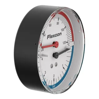 Flamco Manometer-Thermometer mit Absperrventil R 1⁄2" M - Präzises Manometer-Thermometer für Druck bis 4 bar und Temperaturen von 20-120 °C. Einfache Montage dank selbstdichtender Ventilhülse, ideal für professionelle Anwendungen.