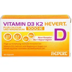 Vitamin D3 K2 Hevert + Calcium und Magnesium 1000 IE - 60 ST - Nahrungsergänzungsmittel zur Unterstützung der Knochengesundheit mit einer optimalen Kombination aus Vitamin D3, K2, Calcium und Magnesium.