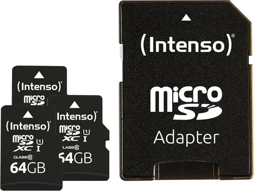 Intenso Premium 3er Pack microSDXC-Karten 64 GB - Speicherkarten für Hochgeschwindigkeitsanwendungen, mit bis zu 90 MB/s für blitzschnelle Datenübertragungen und Full HD Videoaufnahmen.
