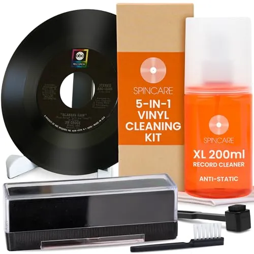 SPINCARE 5-in-1 Vinyl Schallplatten Reinigungsset - Umfassendes 5-in-1 Reinigungsset für Schallplattenpflege: inklusive Reinigungslösung, antistatischer Bürste und Trocknungsständer. Sorgt für klaren Klang und schützt Ihre Platten.