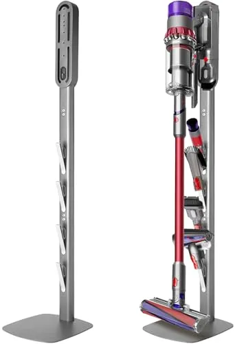 Staubsauger Ständer – Kompatibel mit Dyson V16 piston animal, Gen5, V15, V12, V11, V10, V8, V7, V6 – Metall Bodenständer mit 4 Haken, stabiler Sockel, bohrfreie Halterung für Zubehör-Aufbewahrung