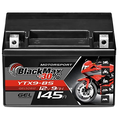 BlackMax YTX9-BS GEL Motorradbatterie - 12V 9Ah, hohe Startleistung, wartungsfrei und ideal für Motorräder und Roller