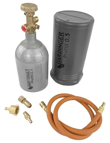 GARDINGER Aluminium Propanflasche Profill 0.5 - Aktionsset mit Zubehör - Schweißgasflasche aus leichtem Aluminium, inklusive Schlauch, Adapter und Transportbox – ideal für sicheres Arbeiten und einfache Handhabung.