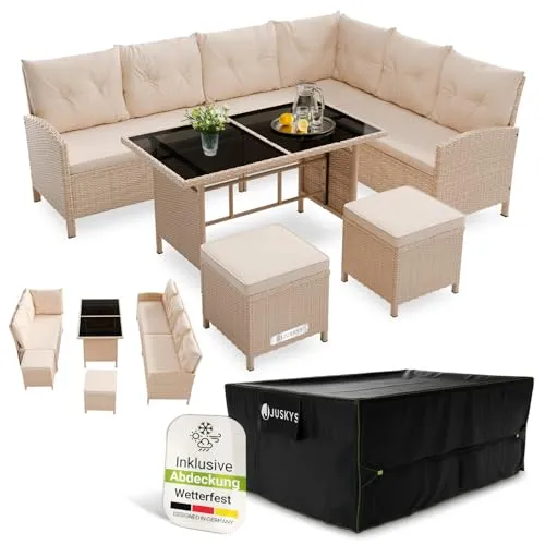 Juskys Polyrattan Lounge Manacor - Stilvolle Gartenmöbel für bis zu 8 Personen - Verwandeln Sie Ihren Außenbereich mit der Juskys Polyrattan Lounge Manacor in eine gemütliche Oase. Das Set umfasst ein Ecksofa, 2 Hocker und einen Tisch, ideal für gesellige Abende im Freien. Wetterfestes Material sorgt für Langlebigkeit.