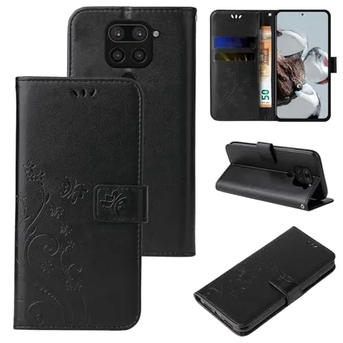 LBH Handy Hülle für Xiaomi Redmi Note 9 Case Handytasche Schmetterling Blumen Flower Standfunktion Schutzhülle Magnet Rundum Schutz 360 Grad Flipcase Cover Schwarz