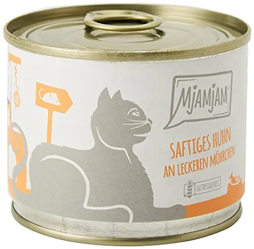 MjAMjAM - Premium Nassfutter für Katzen - saftiges Huhn an leckeren Möhrchen, 6er Pack (6 x 200 g), getreidefrei mit extra viel Fleisch