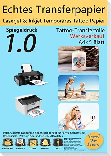 TransOurDream A4X5 Tattoo Papier für Tintenstrahl- & Laserdrucker - Hochwertiges Tattoo-Papier für personalisierte Designs, ideal für kreative Anlässe. Einfaches Anbringen und lange Haltbarkeit dank spezieller Beschichtung. Packung mit 5 bedruckbaren Blättern und 5 Klebefolien.