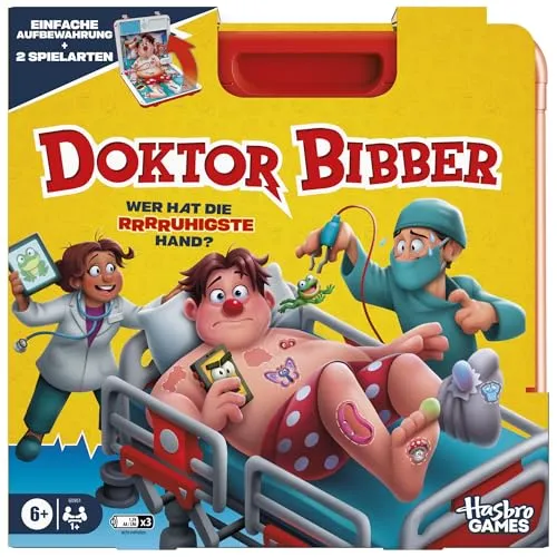 Hasbro Gaming - Doktor Bibber Neue Version mit 2 Spielvarianten - Gesellschaftsspiel mit 2 Spielvarianten: Krankenhausmodus für klassisches Spielvergnügen und Notfallmodus für zusätzlichen Nervenkitzel. Ideal für Reisen und fördert Geschicklichkeit und Lachen!