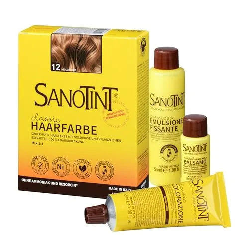 Sanotint - Haarfarbe Classic Nr. 12 "Goldblond" - Naturnahe dauerhafte Haarfarbe mit Goldhirse und wertvollen pflanzlichen Extrakten – 100% Grauabdeckung – vegan - 125 ml