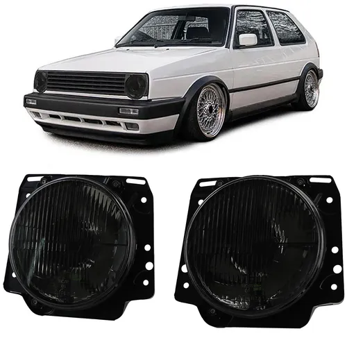 Scheinwerfer H4 Schwarz Smoke geriffelt mit Fadenkreuz für VW Golf 2 83-91 - Frontscheinwerfer, stylisches Smoke-Design mit Fadenkreuz für verbesserte Sicht und individuelles Aussehen Ihres VW Golf 2.
