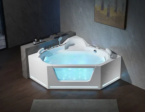 Eckbadewanne Whirlpool Spa für 2 Personen - Moderne Eckbadewanne mit integrierten Massagedüsen und stimmungsvollem Licht. Ideal für romantische Stunden im Badezimmer. Maße: 157 x 157 x 70 cm, aus hochwertigem Acryl.
