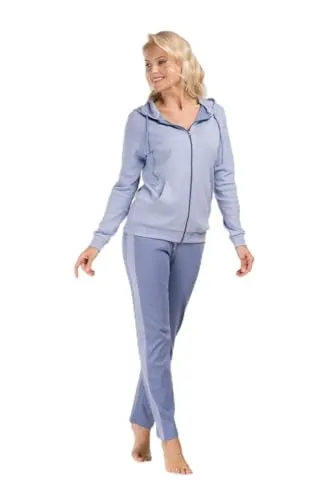 Consult-Tex Damen Freizeitanzug DW100 in Blau - Bequemer Damen Freizeitanzug aus hochwertiger Baumwoll-Polyester-Mischung. Mit Kapuze, Reißverschluss und modischem Streifeneinsatz. Ideal für entspannte Stunden zu Hause, sowohl im Winter als auch im Sommer.