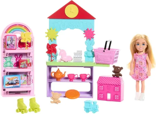 Barbie Chelsea Spielzeuggeschäft-Spielset mit Puppe und Zubehör - Puppensets mit Chelsea-Puppe, Theke und 15 Zubehörteilen für fantasievolles Rollenspiel und kreative Einkaufserlebnisse.