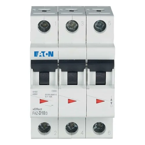 Eaton FAZ-D10/3 Leitungsschutzschalter - Zuverlässiger 3-poliger Leitungsschutzschalter mit 10 A und D-Auslösecharakteristik, ideal für den sicheren Schutz elektrischer Anlagen.