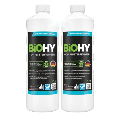 BiOHY Profi Fensterreiniger (2 x 1 liter) - Reinigungsmittel für streifenfreie Reinigung von Glas- und Fensterflächen, ideal für Haushalt und Auto, auch für Fenstersauger geeignet.
