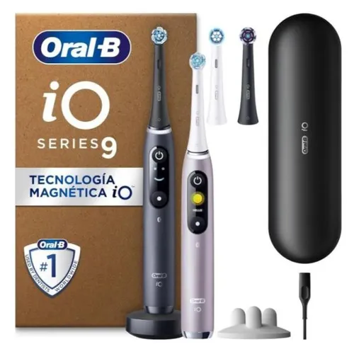 Oral-B iO Series 9 Plus Edition Doppelpack - Elektrische Zahnbürsten mit 7 Putzmodi und KI-Positionskennung für optimale Mundpflege, inklusive Lade-Reiseetui und 4 Aufsteckbürsten.