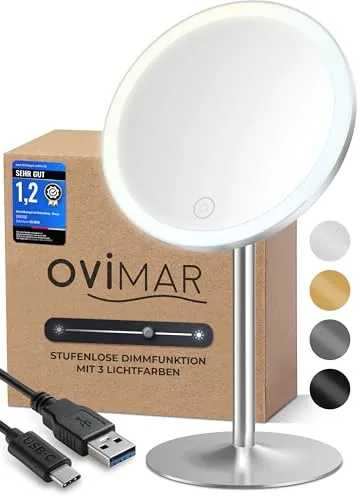 ovimar Kosmetikspiegel Bogo Silber | 5-fach Vergrößerung mit Beleuchtung - Kosmetikspiegel mit dimmbarem Licht und USB Ladefunktion, ideal für präzises Schminken und überall einsetzbar.