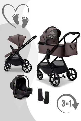 Moon Kombi-Kinderwagen Aura Set mit Cosmo 2.0 3in1 - Kombikinderwagen ab Geburt bis 4 Jahre, max. 22 kg. Inklusive Höhenadapter für rückenschonendes Hineinlegen, wetter- und schmutzabweisende Stoffe und modernes Falt- und Klicksystem für höchsten Komfort.