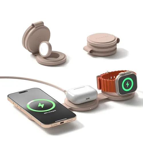 SATECHI OnTheGo 3-in-1 Qi2-Reiseladegerät mit 15W Schnellladung für iPhone, 5W für Apple Watch und 5W für AirPods, Kabelloses magnetisches MagSafe Ladegerät – Desert Rose