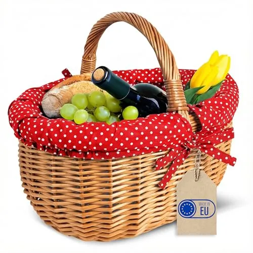 Creative Home Großer Picknickkorb mit Stoffeinlage Rot mit Pünktchen - Handgefertigter Weidenkorb, ideal für Picknicks und Einkäufe. Mit abnehmbarem, waschbarem Futter und vielseitig einsetzbar als stilvolles Accessoire für Ihr Zuhause.