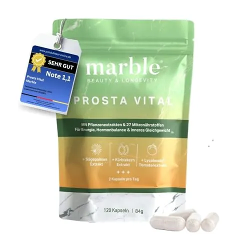 marble® Prosta Vital – Prostata Komplex Kapseln - 120 Kapseln vegan - Zink für den Erhalt normaler Testosteronspiegel + Sägepalmenextrakt, Kürbiskernextrakt, Lycopin & Ashwagandha KSM-66